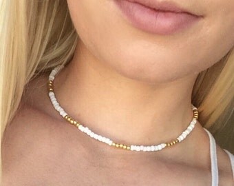 White and Gold Seed Bead Choker Necklace // Summer Choker // Beach Jewelry // Handmade Choker // Hippie // Seed Beads // Simple Choker