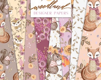 Woodland Digital Papers | Fall Graphics Cute Glam Fox Owl Squirrel Forest Patterns | planner stickers, graphics resources, Fabric