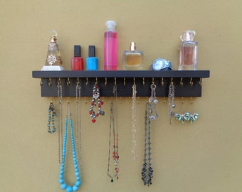 30 DIFFERENT FINISH OPTIONS - Jewelry Organizer - Necklace Holder - With A Shelf - 35 Hooks - Satin Black Finish - Hangers Installed