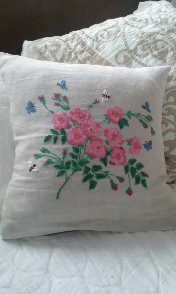 LINEN Throw Pillow Hand Embroidered Pillow English Cottage