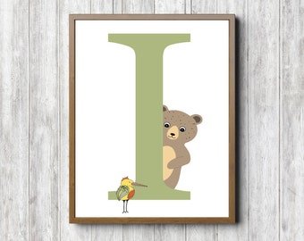 Nursery Wall Art - I Monogram Wall Decor Print - Boys / Girls Room Art Poster - Bear Print - Woodland Animal - Quirky Bird - Letter I Print
