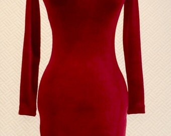 Red cocktail dress, red velvet dress, turtle neck, long sleeve dress, christmas dress, elegant evening dress, fitted winter dress