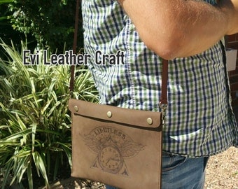 Limitless Leather men's bag, pyrography, hand stitch, mens clutch, iPad mini messenger bag, brown handbag, handmade bag, unique gift cowhide