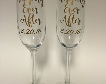 Happily Ever After Disney inspired wedding champagne glasses set Mickey Mouse