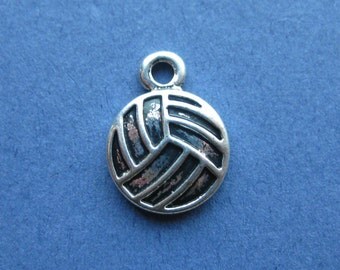 10 Volleyball Charms - Volleyball Pendant - Volleyball - Volley Ball - Sports - Antique Silver- 16mm x 12mm -- (No.89-10205)