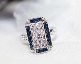 Blue sapphire art deco ring - Art deco jewelery / 1920's jewelery / blue sapphire ring / diamond ring / vintage ring / neo victorian