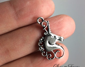 6 Unicorn Charms- 25x15mm - Antique Tibetan Silver Tone- One Sided Charm- Fantasy Theme Ref. 481
