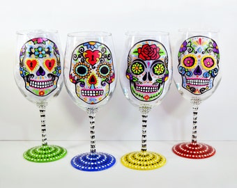 Sugar Skull - Hand Painted Wine Glasses - Sugar Skull Wine Glass - Day of the Dead - Wedding - Dia De Los Muertos - Wedding Gift - Wine Gift