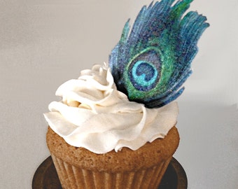 Edible Cake Decorations - Peacock Feathers, Double-Sided Wafer Paper Toppers for Cakes, Cupcakes or Drinks Wedding Cake Decorations