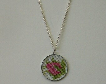 Embroidered rose bud cabochon necklace