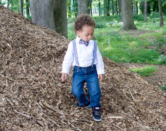Blue Plaid Bow Tie and Suspenders for Boys - Baby Bow tie and Suspenders - Little Boys Suspenders - Vintage Wedding Outfit - Purple Bow Tie