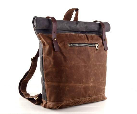 Unisex waxed canvas BackpackLeaf Roll Top BackpackLaptop