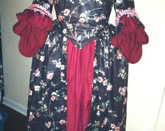 Black Burgundy Flowered 18th Century Colonial Marie Antoinette Dress Gown CUSTOM MADE To Your Measurements