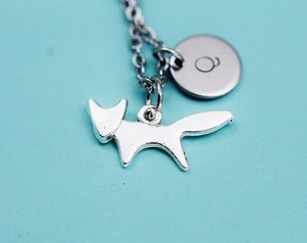 Silver Fox Charm Necklace Silver Fox Necklace Fox Charm Necklace with Personalized Hand Stamped Initial Charm on Stainless steel chain