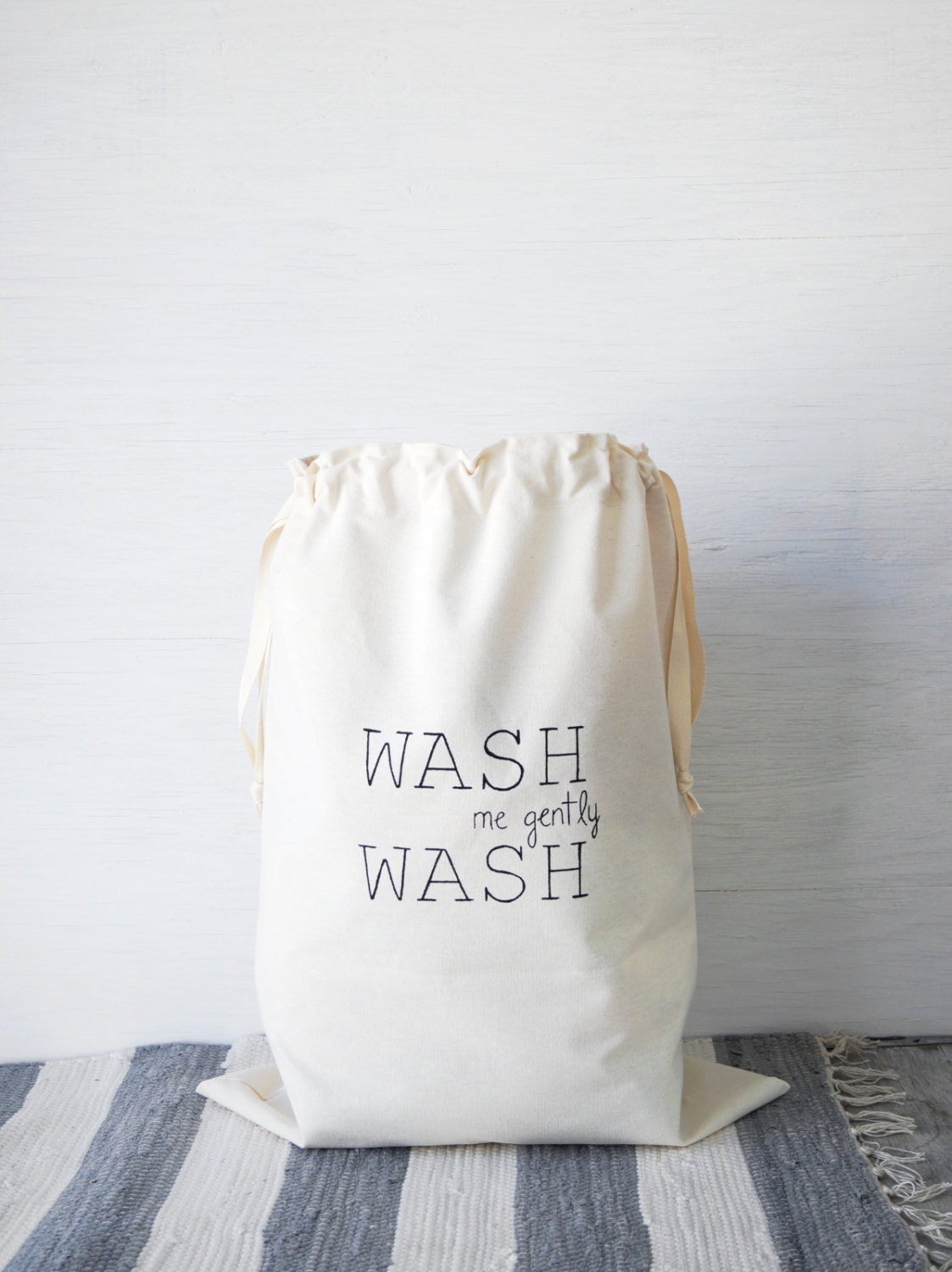 Large natural canvas laundry bag WASH. Cloth storage.
