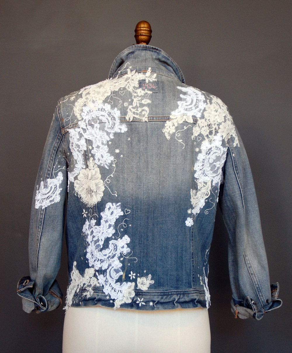 Bridal Denim Jacket Denim and Lace Embroidered Jacket