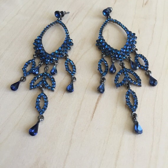 SALE Long Dark Blue Crystal Chandelier Earrings. by IzaBelaJewels