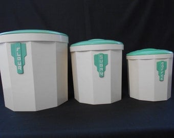 Vintage Art Deco Iplex Bakelite Canisters - Cream and Green - Set of Three #00128