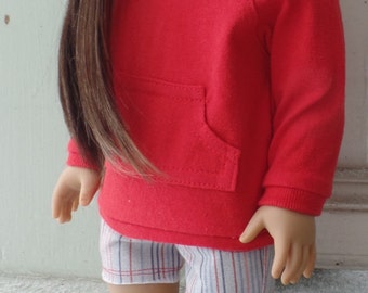 Doll clothes for 18 inch dolls such as American Girl dolls: red hoodie with striped denim cutoff shorts