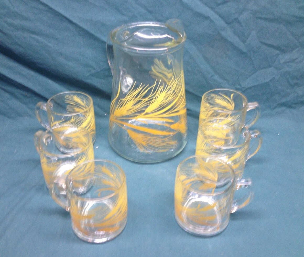 Wheat Pattern Glass Pitcher and Cup Set 6 Glass Pitcher Set