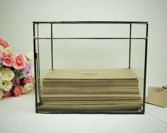 Wedding Keepsake Box, Wedding Card Box, Wedding Card Holder, Large Glass Box, Envelope Holder, Geometric Terrarium, Rustic Card Holder