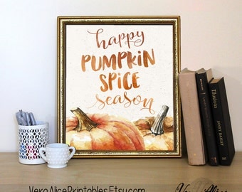 Happy Pumpkin Spice Season Fall Printable Art Print 8x10, Fall Decor, Autumn Sign, Chalkboard, Watercolor Pumpkins, Home Decor, Thanksgiving