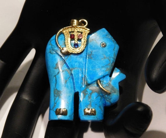 Vintage Turquoise Blue Howlite Elephant Pendant Rhinestones Animal Jewelry Elephant Charm Circus Fun Hip Hipster Boho Jewelry