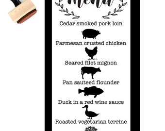 Menu Icon Rubber Stamp - Mini Menu Stamps - Wedding Stamps, RSVP Stamps - Small Food Stamp - Poultry, Beef, Fish - Rehearsal Menu Stamp