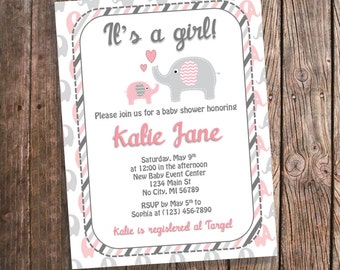 Pink and Gray Elephant Baby Shower Invitations - Stripes - Baby Girl - Printed Baby Shower Invites - Coral Elephant Theme Shower - PRINTED
