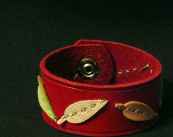 Red Leather Bracelet Leather Cuff Leather Wristband with Hand Sewn Pastel Leather Leaves