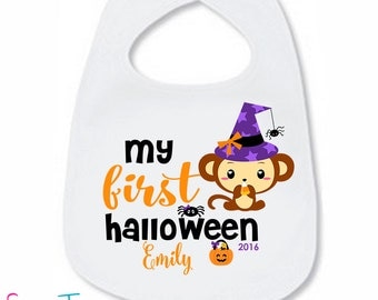 My First Halloween Bib Monkey Baby Bodysuit Pumpkin Spider Personalized with Name and Year Boy Girl