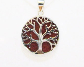 Coral Pendant Necklace, Tree-Of- Life Pendant, Sterling Silver Pendant, Unique Coral Pendant, Red Silver Necklace, Double Sides Pendant, Red