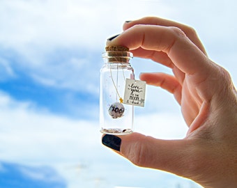 I love you to the moon & back. Tiny message in a bottle. Personalised Gift. Funny Love Card. Valentine Card. Special greeting card.