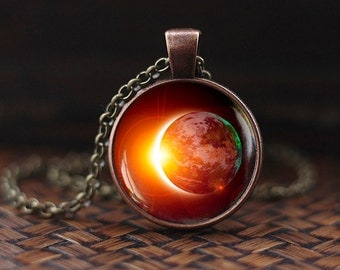 Solar Eclipse Necklace, Space necklace, Galaxy Pendant, Eclipse Necklace, Earth Solar Eclipse, Outer Space Sun Jewelry, mens necklace