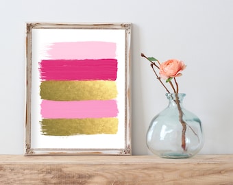 Pink and Gold Paint Strokes Abstract Gold Foil Print FREE US SHIPPING
