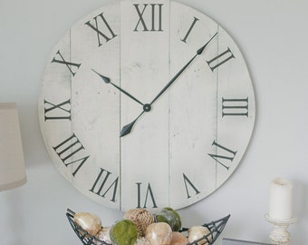 30 in wall clock. White oversized wall clock. Rustic wall clock. Wall hanging. Barn wood clock. White wall clock.