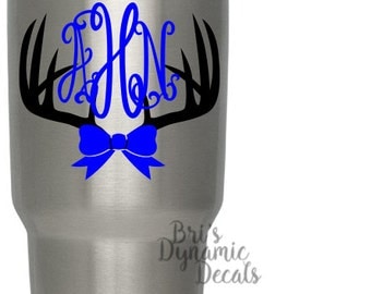 Antlers Monogram YETI decal - custom name rambler tumbler sticker - hunting cup decal - diy hunter gift idea - deer buck doe