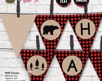 INSTANT DOWNLOAD - EDITABLE Lumberjack Birthday Pennant Banner Lumberjack Party decorations Happy Birthday Wall Banner