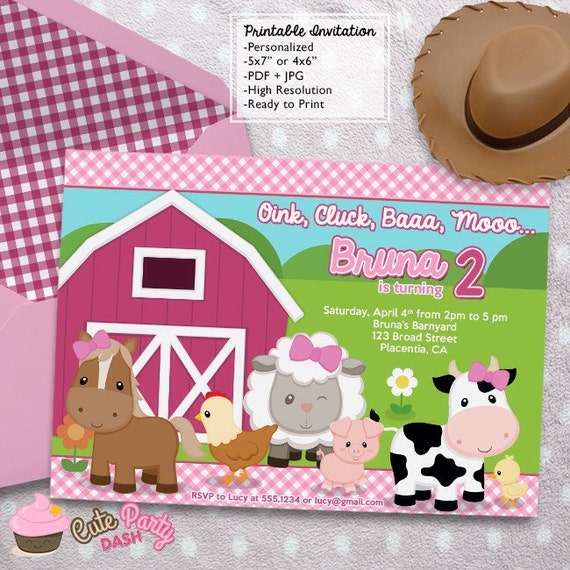 Barnyard Girl Birthday Party invitations DIY girly Farm Barnyard Girl Birthday Party invitations DIY girly Farm