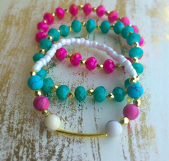 Teal and Pink Glass Bead Bracelet Set of 3 by CerilasCorner