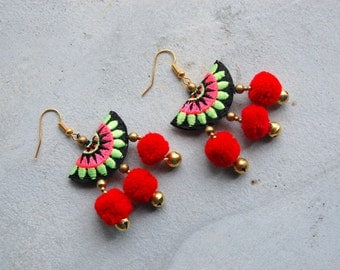 Hmong Embroidery with Red Pom Pom Earrings