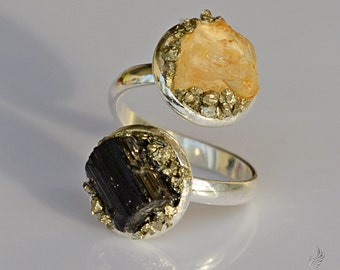 Raw Crystal Jewelry - Rustic Jewelry - Black Tourmaline Ring - Protection Ring - Yellow Topaz Ring - October & November Birthstone Jewelry