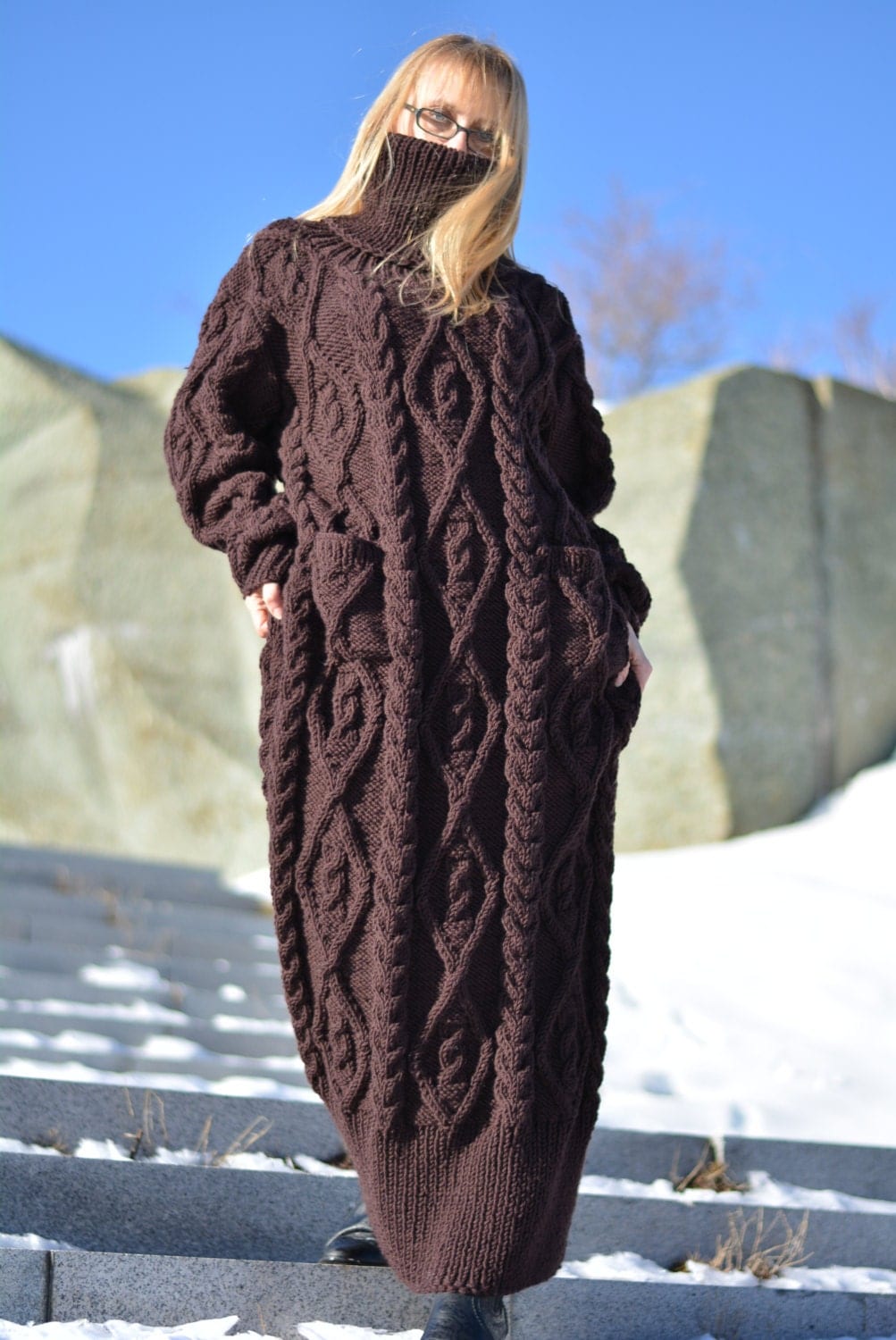 READY handmade wool dress hand knitted wool sweater dress long