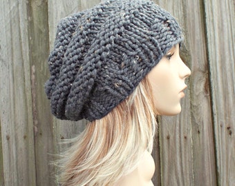 Graphite Grey Beret Womens Hat - Oversized Beehive Beret Hat - Grey Knit Hat Grey Hat Grey Beret Grey Beanie Chunky Knit Hat