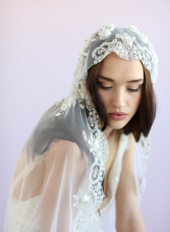Juliet veil - Embroidered floral and beaded juliet veil - Style 635 - Ready to Ship