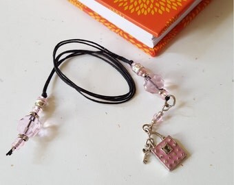 Beaded Bookmark Lock And Key/ Pink And Silver Glass And Metal Beaded Cord With Metal Charms/ Handmade Book Thong/ Journal Marker/ Book Lover