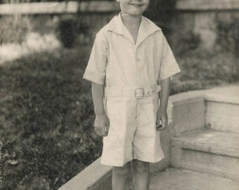 vintage photo Sweet and Handsome little Boy in White One Piece Jumper