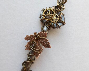 Falling Maple Leaf Clockwork Key Pendant (A key to time) -- Wire Wrapped Steampunk Key Necklace, Copper Maple Leaf and Gears