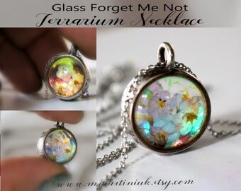 Forget Me Not Glass Terrarium Necklace Real Plant Jewelry Flower Garden Necklace Eco Friendly Botanical Stainless Steel Mixed Metal Minimal
