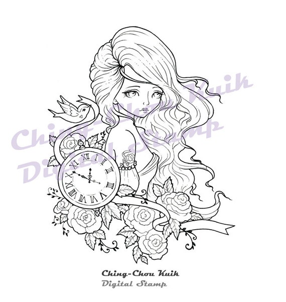 Time Flies - Instant Download / Tattoo Watch Clock Bird Dove Rose Ribbon Fantasy Fairy Girl Art by Ching-Chou Kuik